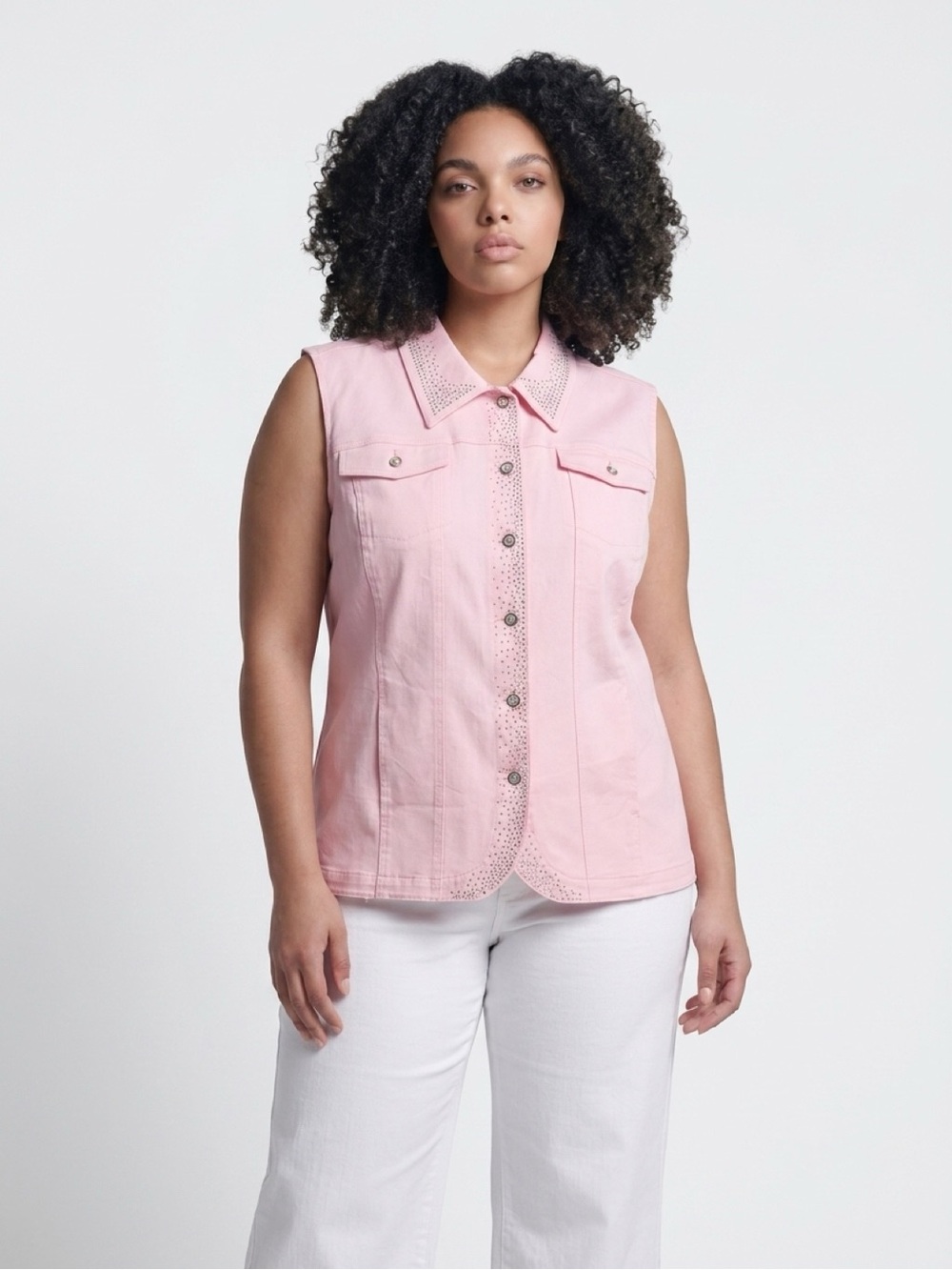 The Quacker Factory Sleeveless Pink Rhinestone Collared Women’s Shirt Size XL
